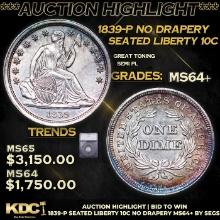 ***Auction Highlight*** 1839-p Seated Liberty Dime No Drapery 10c Graded ms64+ By SEGS (fc)