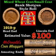 Lincoln Wheat Cent 1c Mixed Roll Orig Brandt McDonalds Wrapper, 1919-p end, Wheat other end