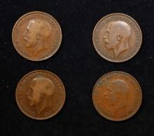 Group of 4 Coins, Great Britain Pennies, 1913, 1917, 1918, 1935 .