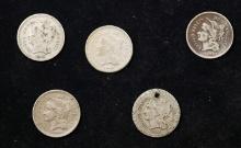 Lot Of Five Coins. 1865 Three Cent Copper Nickel 3cn