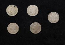 Lot Of Five Coins. 1865 Three Cent Copper Nickel 3cn