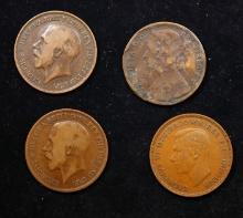 Group of 4 Coins, Great Britain Pennies, 1875, 1917, 1918, 1945 .