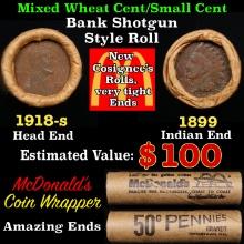 Small Cent 1c Mixed Roll Orig Brandt McDonalds Wrapper, 1918-s Wheat end, 1899 Indian other end