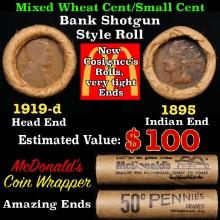 Small Cent 1c Mixed Roll Orig Brandt McDonalds Wrapper, 1919-d Wheat end, 1895 Indian other end
