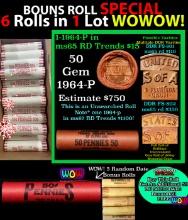THIS AUCTION ONLY! BU Shotgun Lincoln 1c roll, 1964-p 50 pcs Plus FIVE bonus random date BU roll! Ba