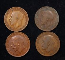 Group of 4 Coins, Great Britain Pennies, 1913, 1917, 1919, 1921 .