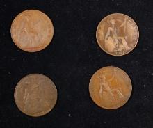 Group of 4 Coins, Great Britain Pennies, 1915, 1917, 1918, 1919 .