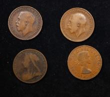 Group of 4 Coins, Great Britain Pennies, 1900, 1917, 1919, 1964 .