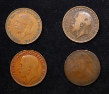 Group of 4 Coins, Great Britain Pennies, 1861, 1917, 1918, 1929 .