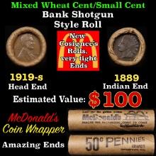 Lincoln Wheat Cent 1c Mixed Roll Orig Brandt McDonalds Wrapper, 1919-s end, 1889 Indian other end