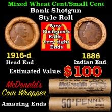 Small Cent Mixed Roll Orig Brandt McDonalds Wrapper, 1916-d Lincoln Wheat end, 1886 Indian other end