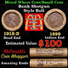 Small Cent Mixed Roll Orig Brandt McDonalds Wrapper, 1918-d Lincoln Wheat end, 1899 Indian other end