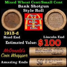 Mixed Small Cents 1c Orig shotgun Roll, 1913-d Lincoln Cent, Wheat Cent Other End, McDonalds Brandt