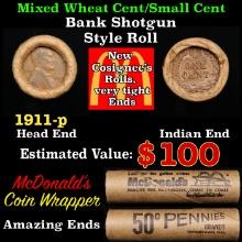 Small Cent Mixed Roll Orig Brandt McDonalds Wrapper, 1911-p Lincoln Wheat end, Indian other end, 50c