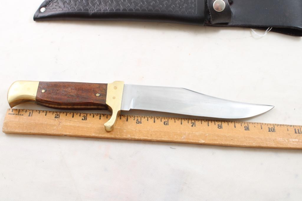 Brass & Wood Handled Fixed Blade Knife in Sheath