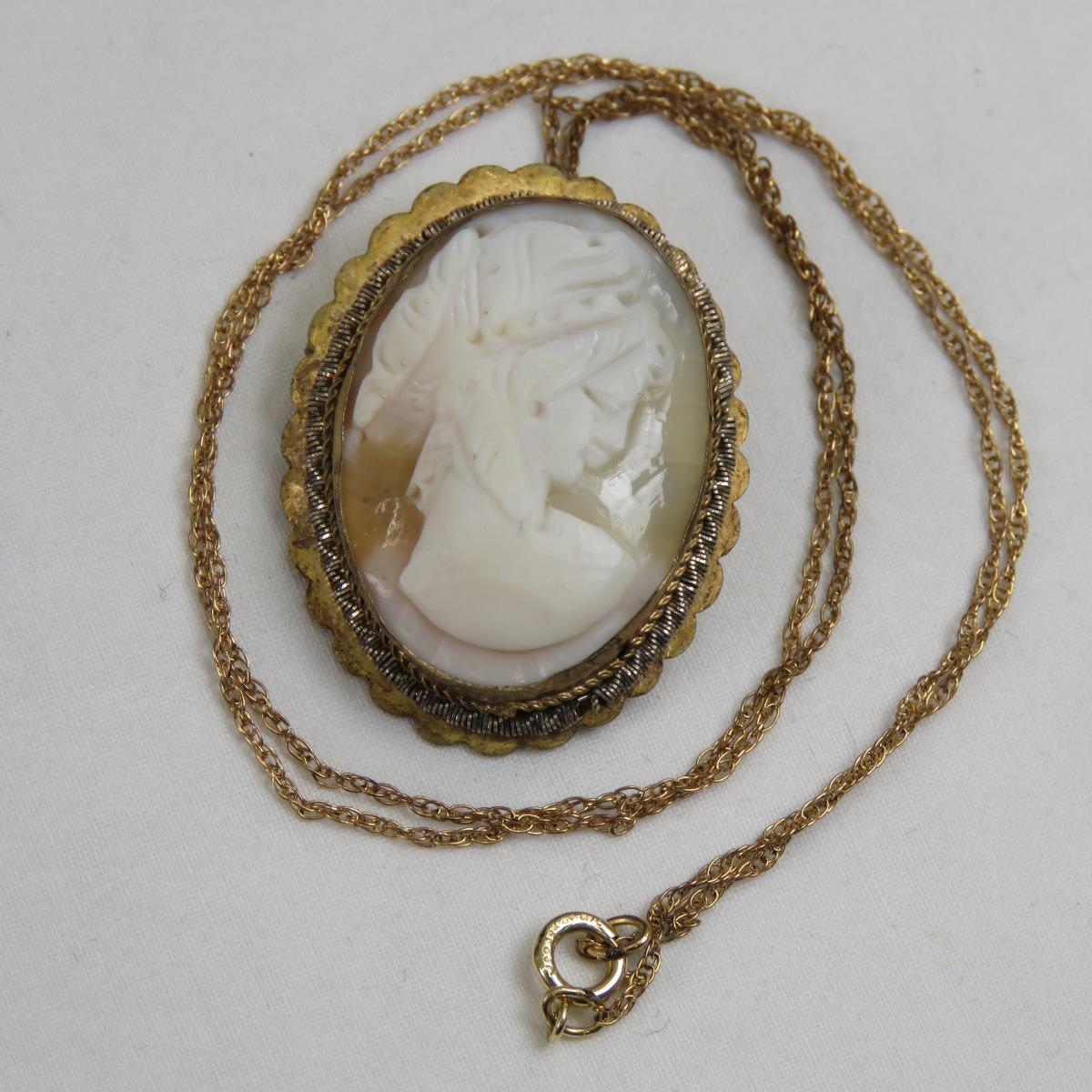 4 Gold Filled Cameo Brooch Pendants with Chains