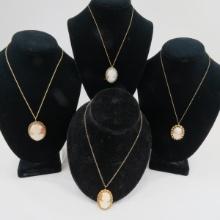 4 Gold Filled Cameo Brooch Pendants with Chains