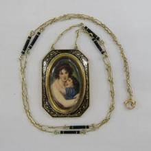 14kt Gold Antique Hand Painted Portrait Necklace