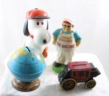4 Figural Banks Snoopy, Globe, Stagecoach, Big One