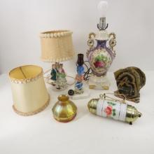 Clock, assorted lamps and lamp shades