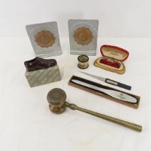 Brass Gavel, Bookends, Shoe Sample & More