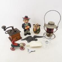 Lantern, coffee grinder, vase and collectibles