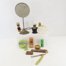 Antique Shaving Mirror, Brushes, Razor & Tins