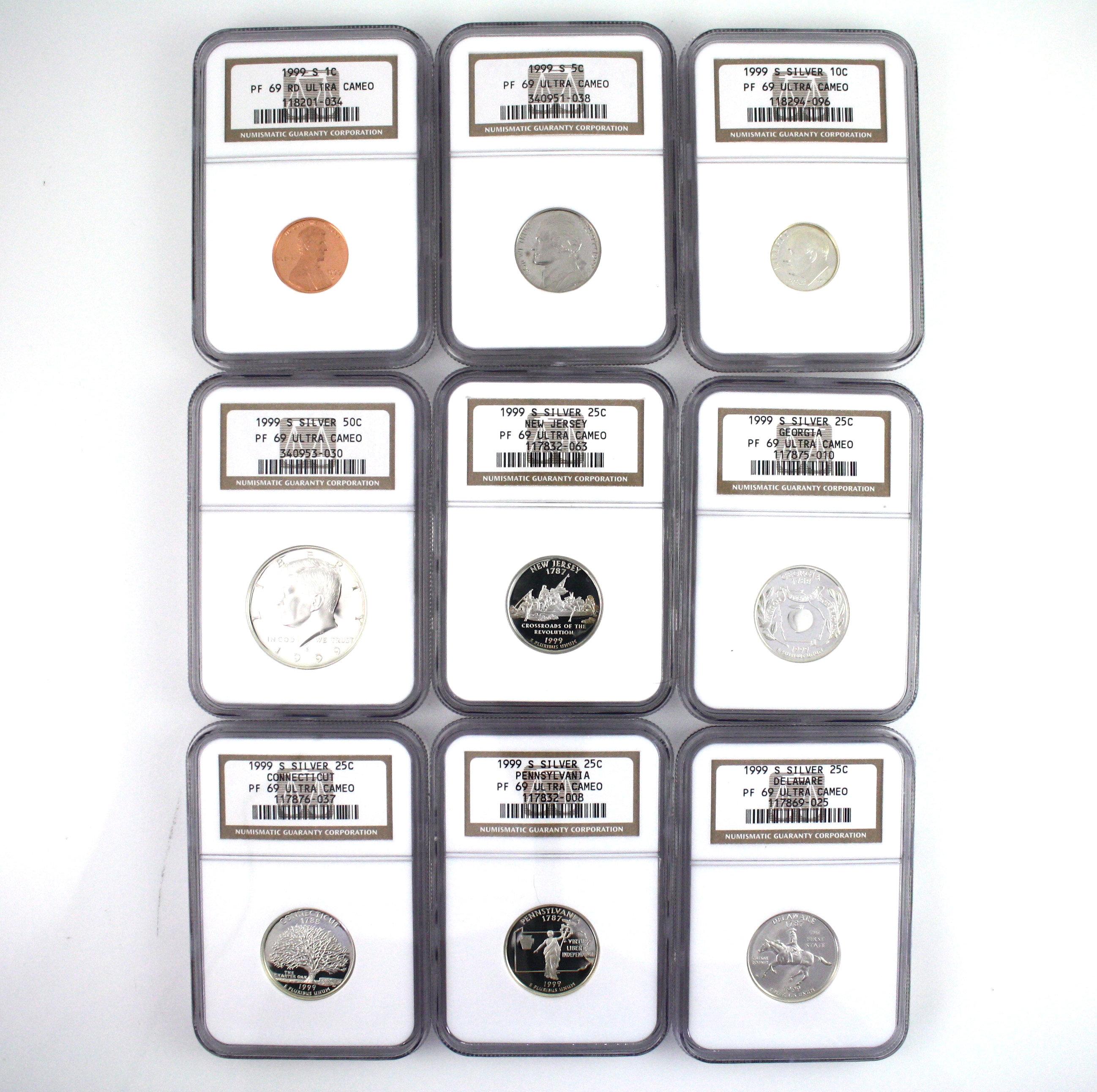 Certified complete 9-piece 1999-S U.S. silver proof set