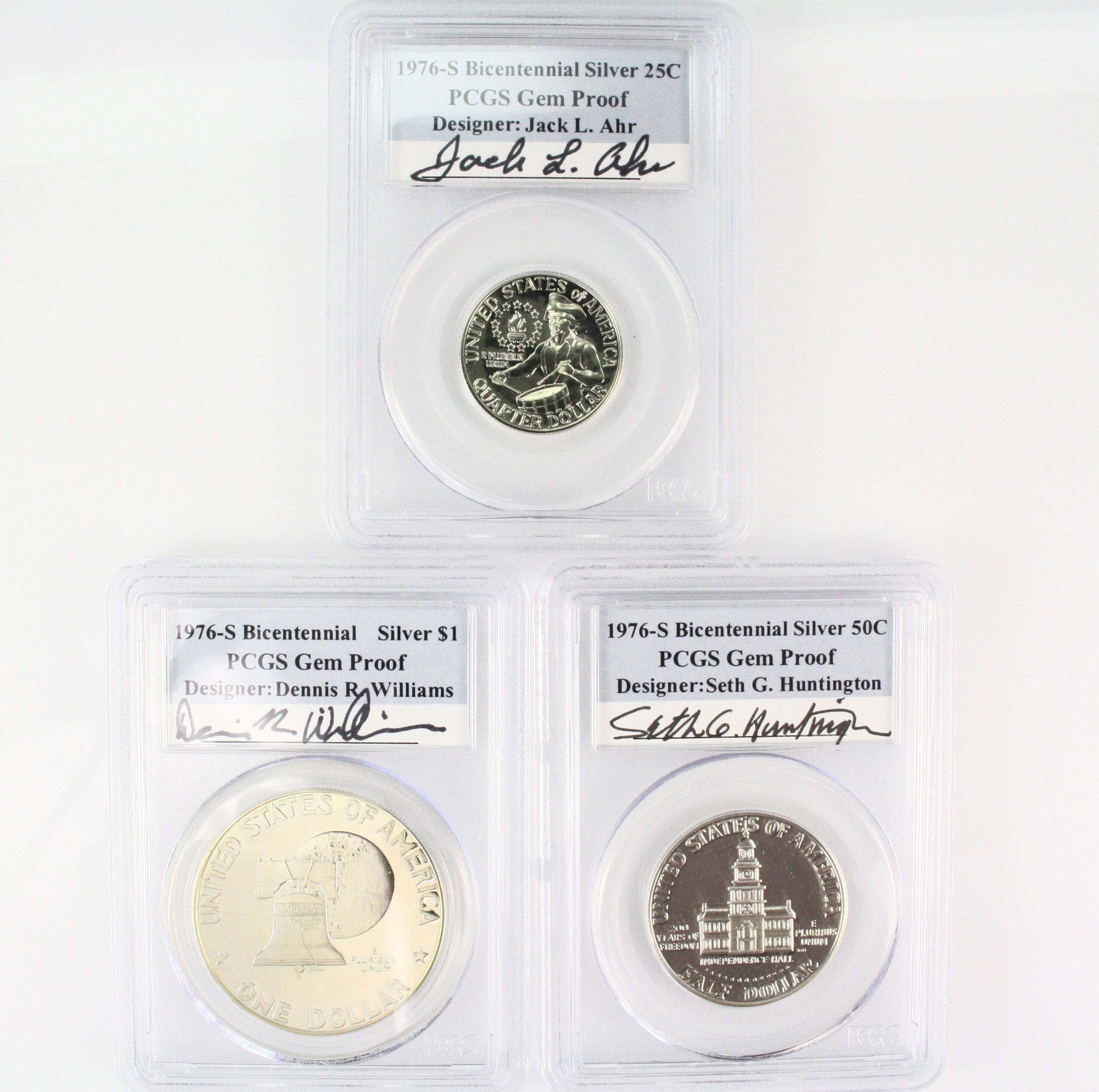 Certified complete autographed 3-piece 1976-S silver Bicentennial proof set