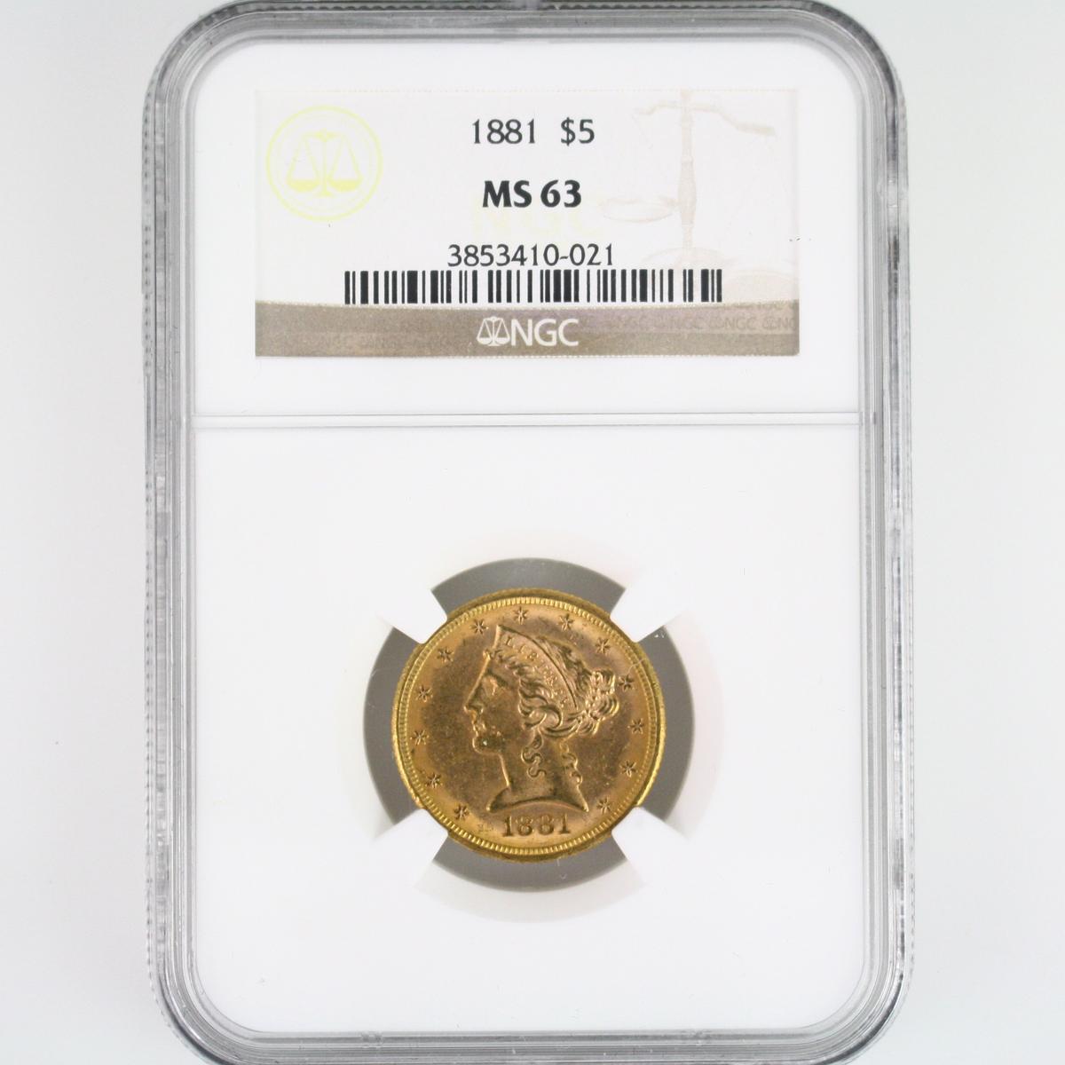 Certified 1881 U.S. $5 Liberty head gold coin