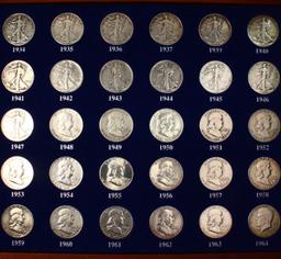 Year set collection of 30 U.S. silver half dollars from 1934 through 1964