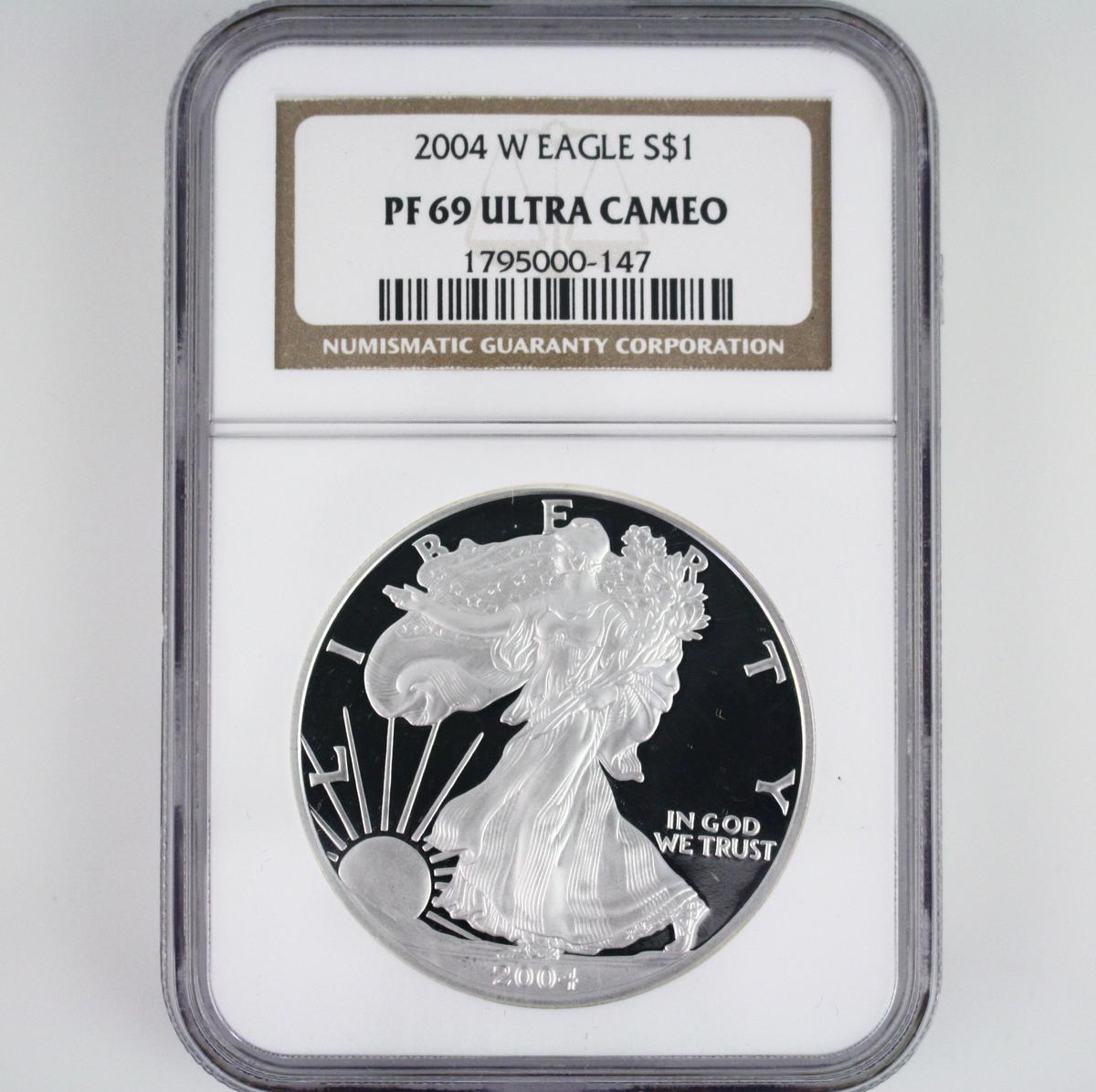 Certified 2004-W U.S. proof American Eagle silver dollar