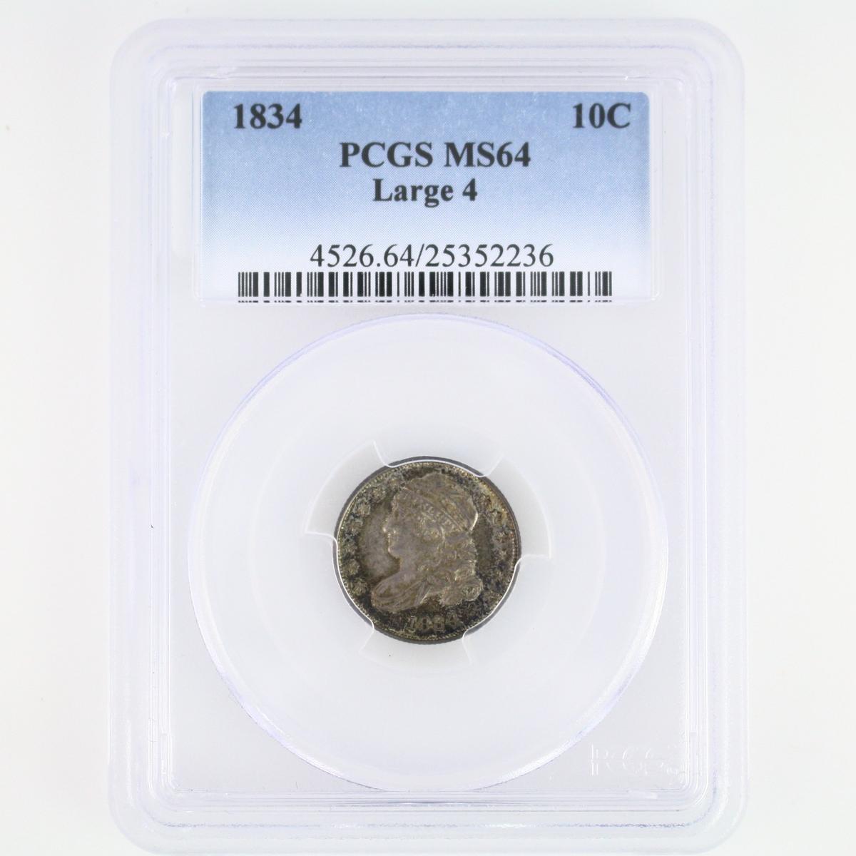 Certified 1834 large 4 U.S. capped bust dime