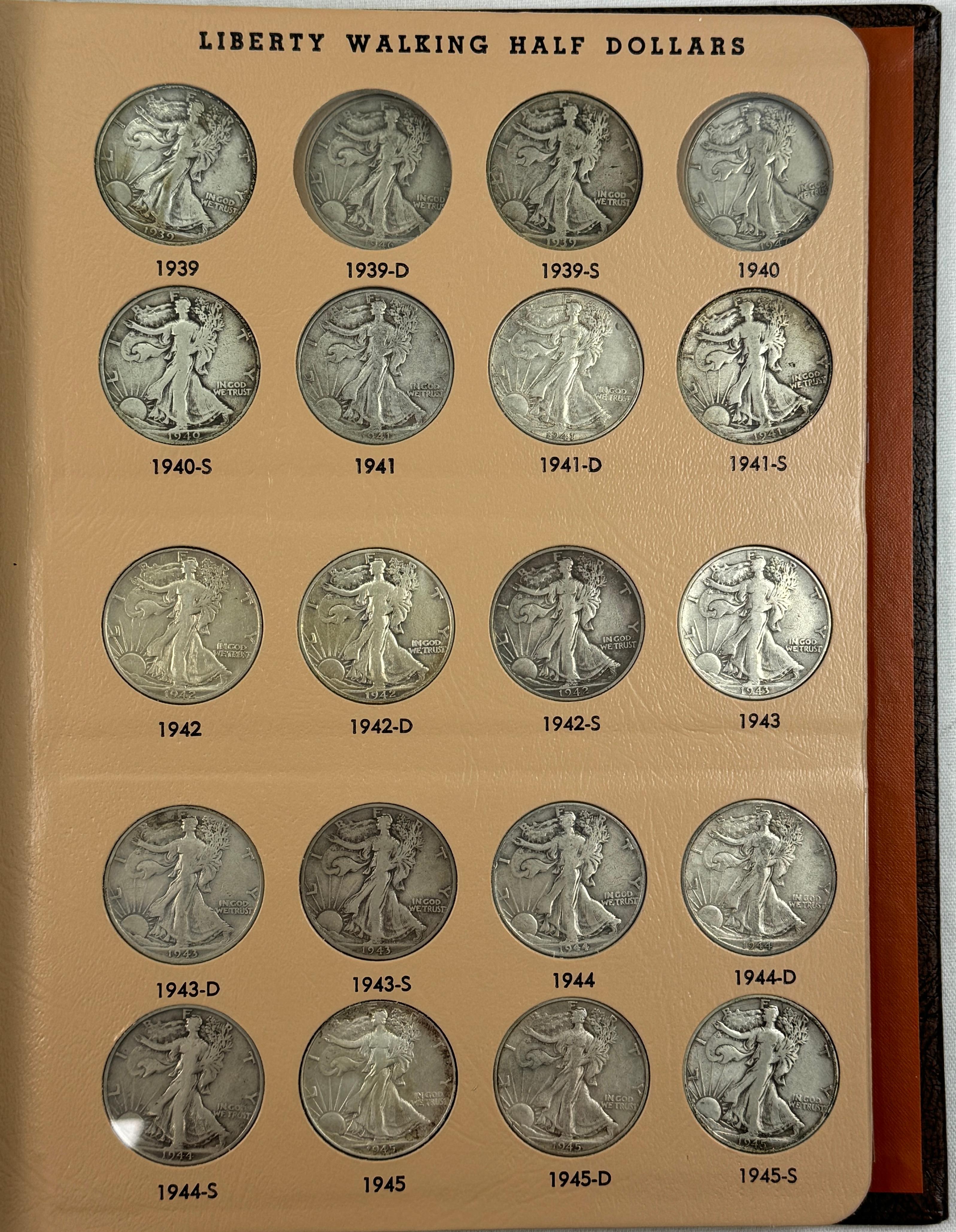 Near-complete 63-piece set of circulated U.S. walking Liberty half dollars