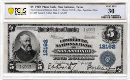 Certified 1902 U.S. $5 Commercial National Bank of San Antonio national currency banknote