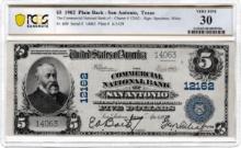 Certified 1902 U.S. $5 Commercial National Bank of San Antonio national currency banknote