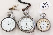 3 COIN & FINE SILVER POCKETWATCHES (ESTIMATE OF 4-6 OUNCES OF SILVER)