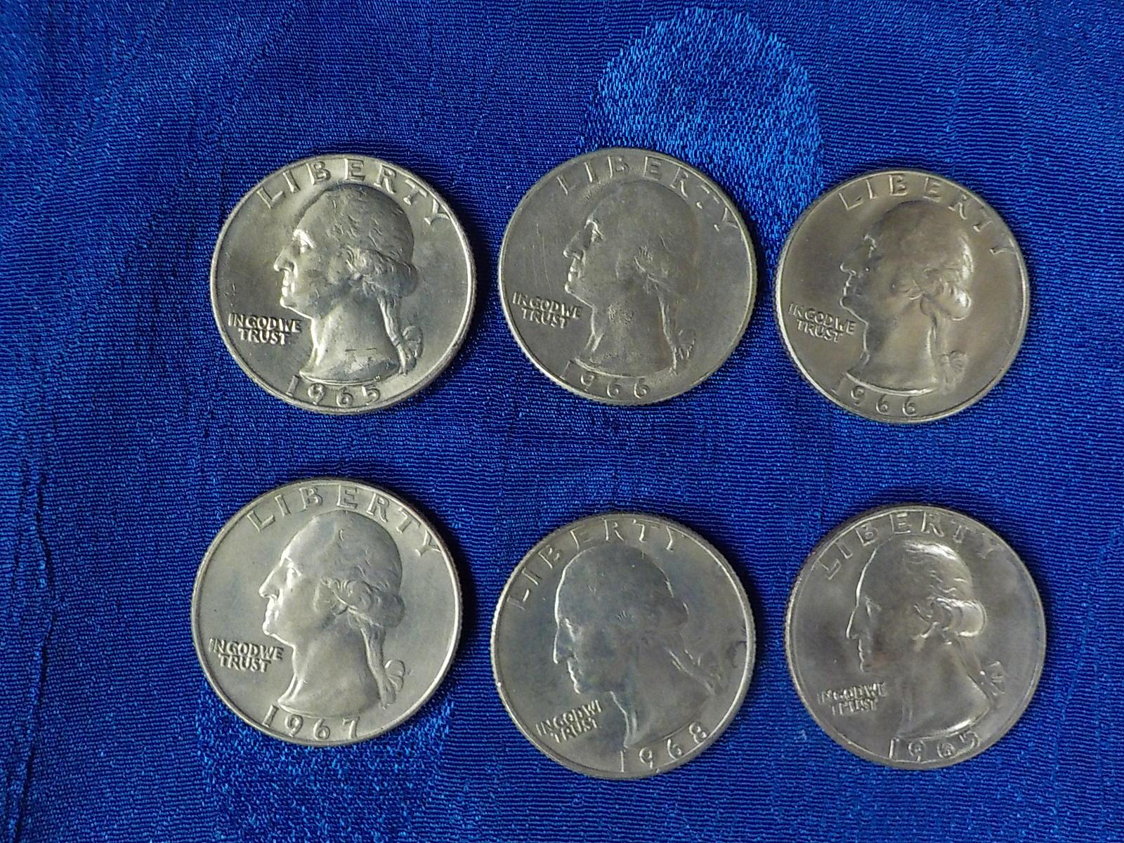 A6  UNC  (6) Quarters Washington 1965 to 1968 Clad - All Diff. 6 X $