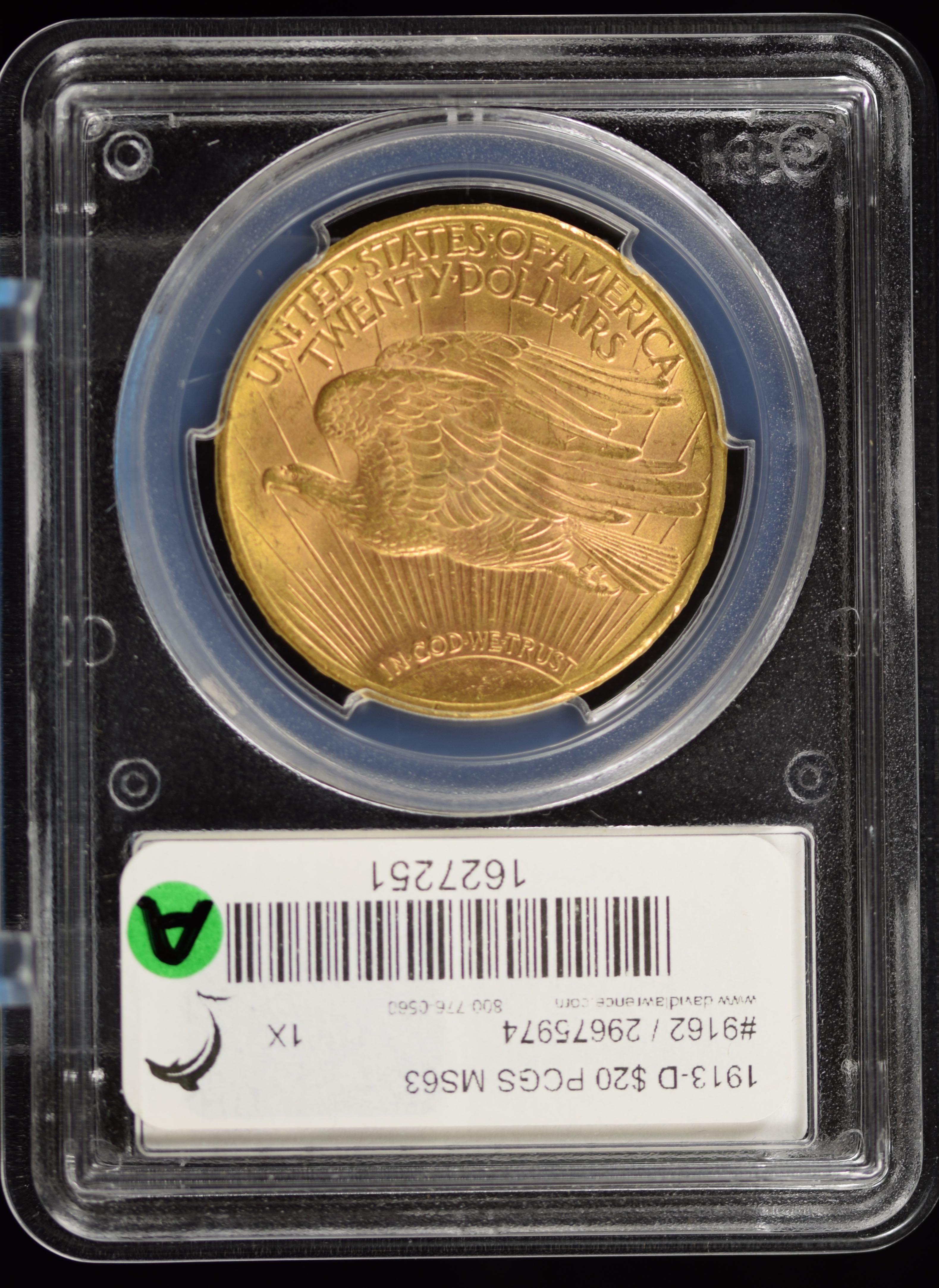 1913-D St Gaudens Gold $20 Double Eagle PCGS MS-63