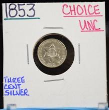 1853 Three Cent Silver Choice UNC Nice Type