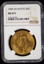 1908 $20 Gold Gauden No Motto NGC MS-67 Plus Pop. 15