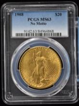 1908 $20 Gold No Motto PCGS MS-63