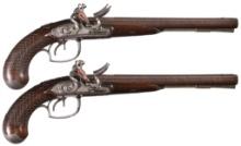 Pair of Silver Mounted Durs Egg Double Barrel Flintlock Pistols