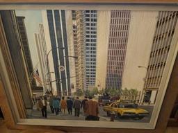 Framed “Large City Busy Downtown Scene” Oil Painting