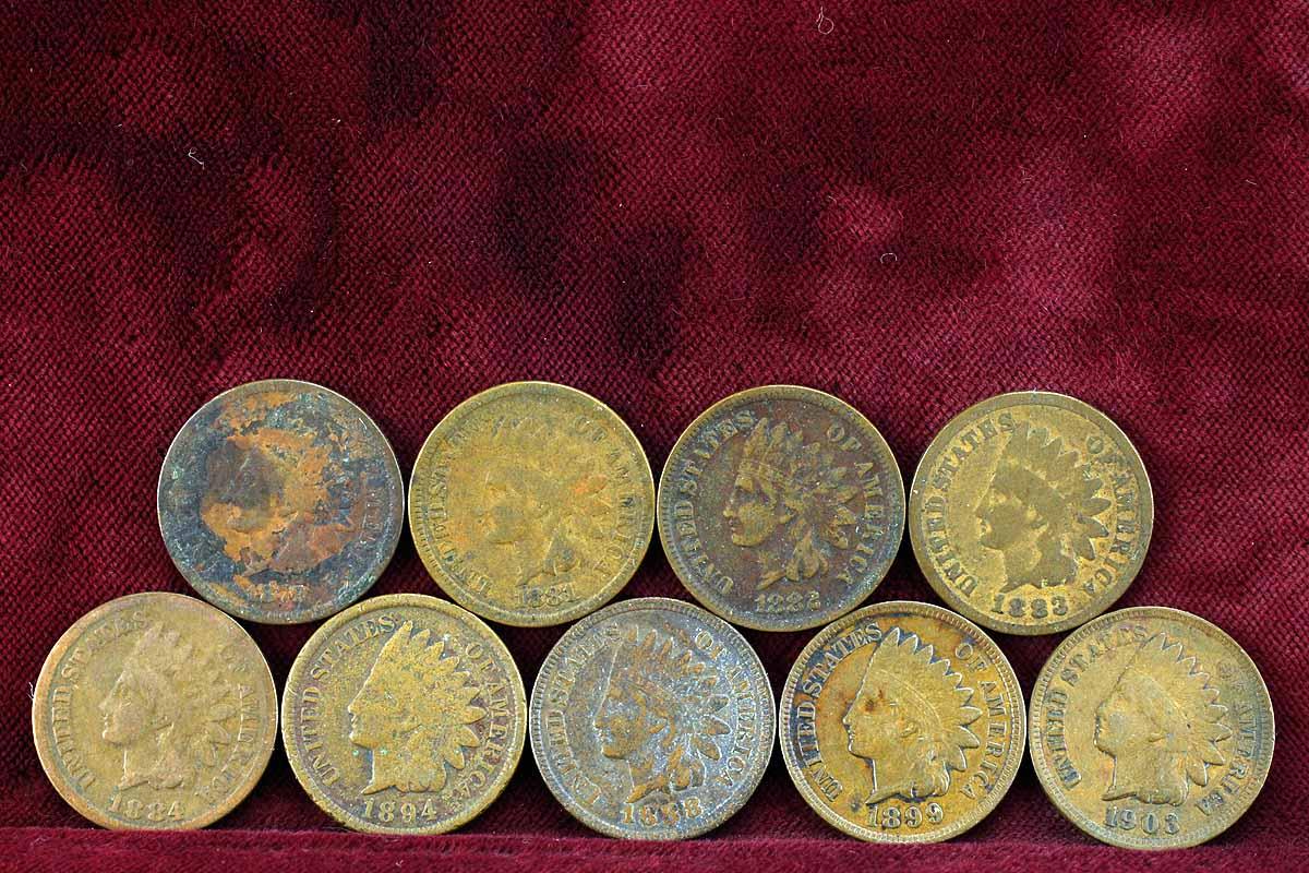 9 Indian Head Cents; 1879,1881,1882,1883