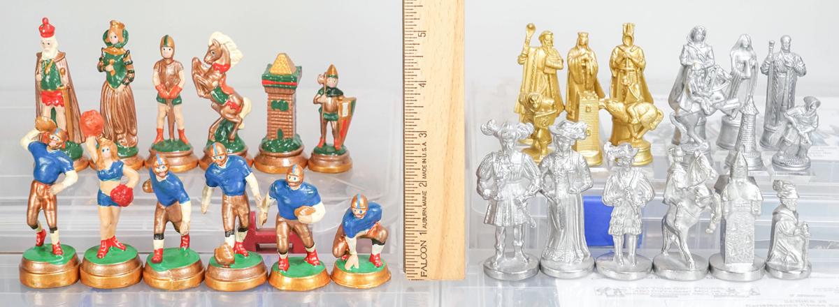 4 Sets of Hand Cast Chessmen; Football (Blue Shirt), Medieval & More