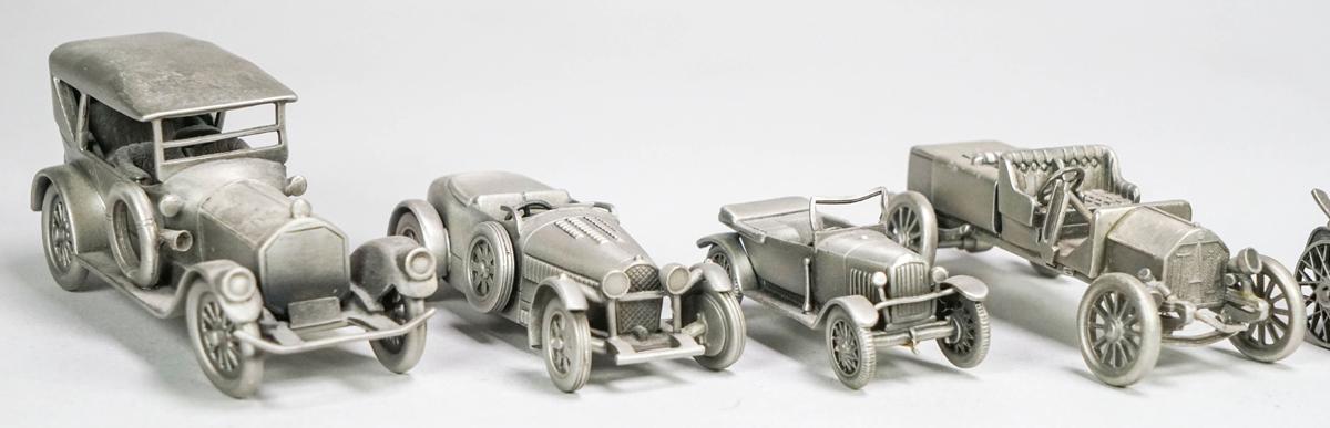 7 Danbury Mint Pewter Cars; Peugeot, Benz 3 1/2 HP,