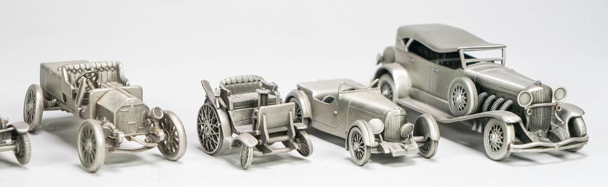7 Danbury Mint Pewter Cars; Peugeot, Benz 3 1/2 HP,