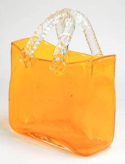 Amber Colored Glass Purse Vase W/Clear Handles
