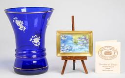 Cobalt Blue Vase W/Enamel Decorations & Small Limoge France Porcelain